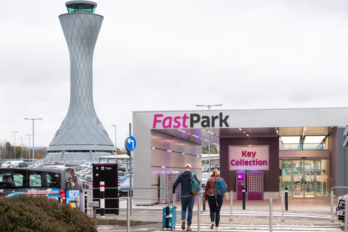 Car park and air traffic control tower