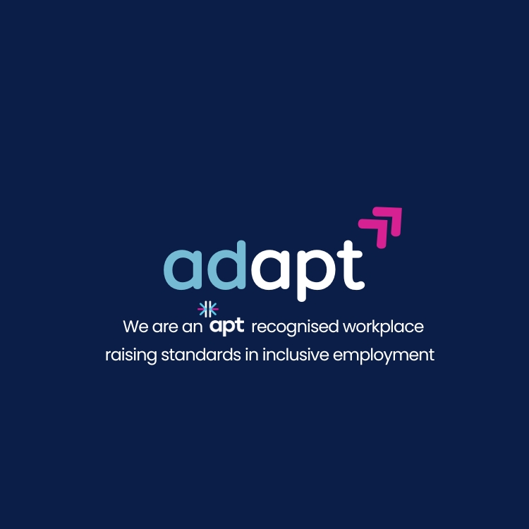 Logo for Adapt, explaining we are a recognised workplace raising standards in inclusive employment