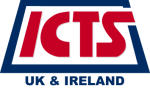 Red letters spelling ICTS with a blue frame, with blue writing of UK & Ireland
